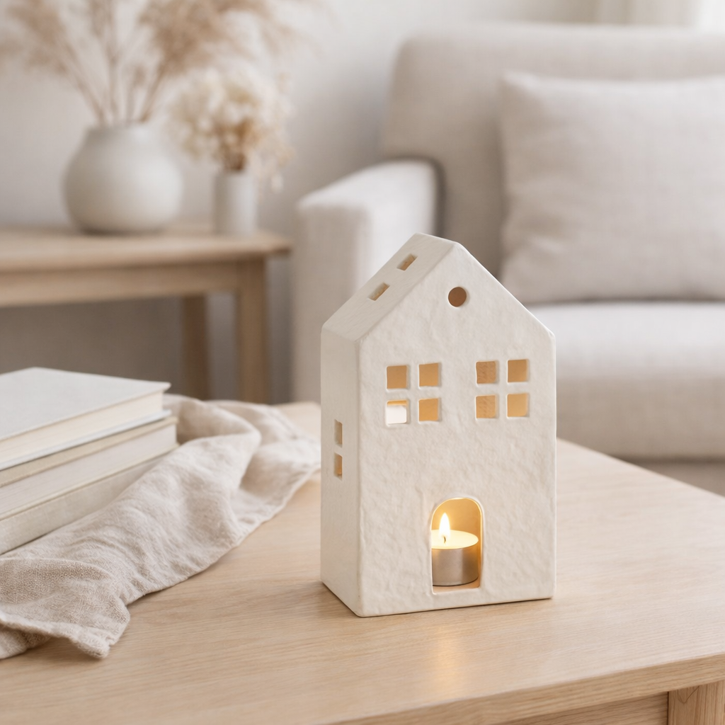 H-Line Tealight Holder Huis Agra Aluminium blanc en situation