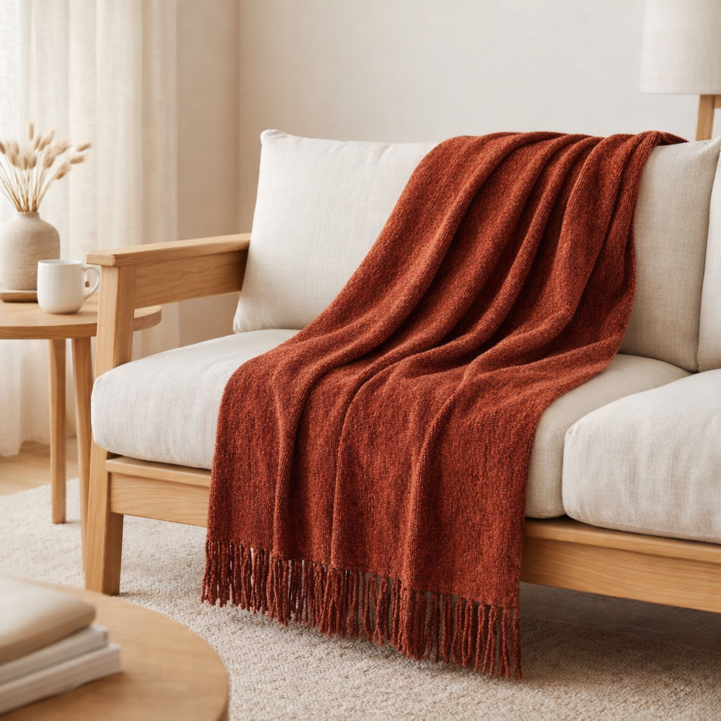 Couverture J-Line Chenille - polyester - marron en situation