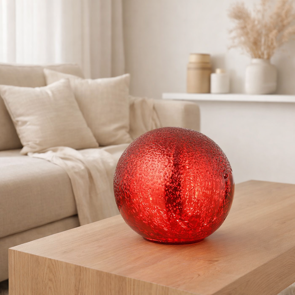 J-Line décoration Boule Craquelée - verre - Noël rouge - L - LED en situation