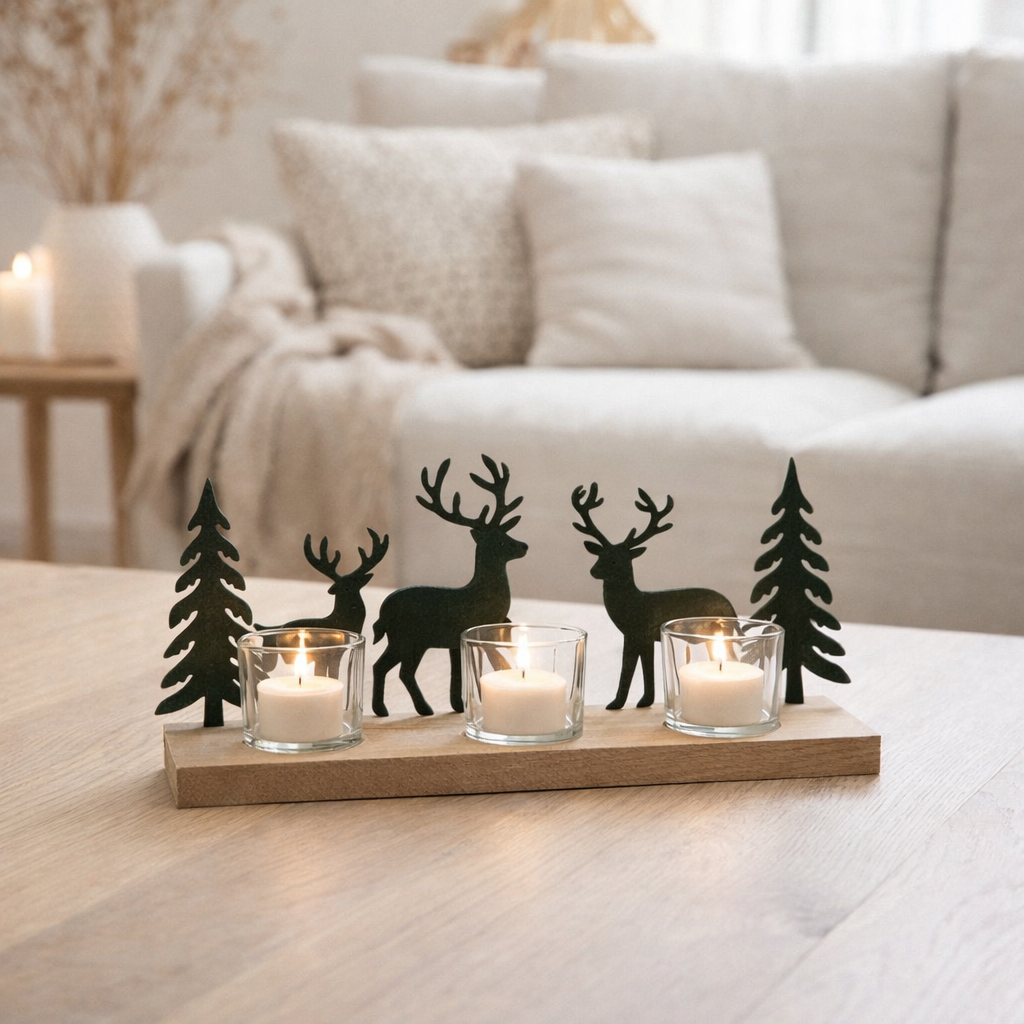 J -Liline Tealight Holder Rendeer / Trees - Wood / Velvet - Green en situation