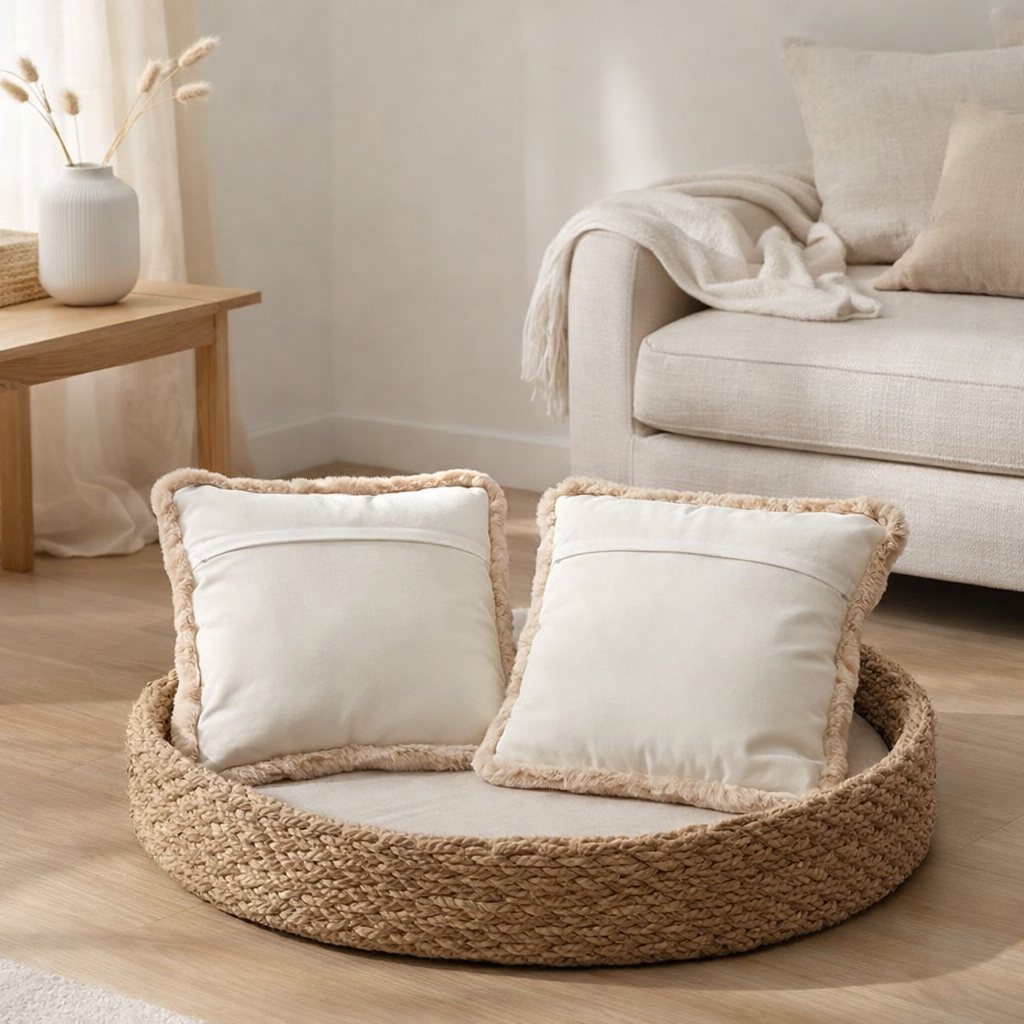 J-Line coussin Chien/Chat Fourrure - polyester - blanc/beige - 2 pièces en situation