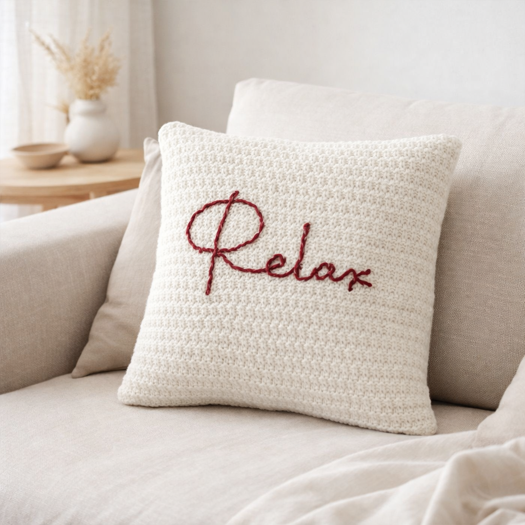 Coussin J-Line Knit Relax - polyester/acrylique - blanc/rouge en situation