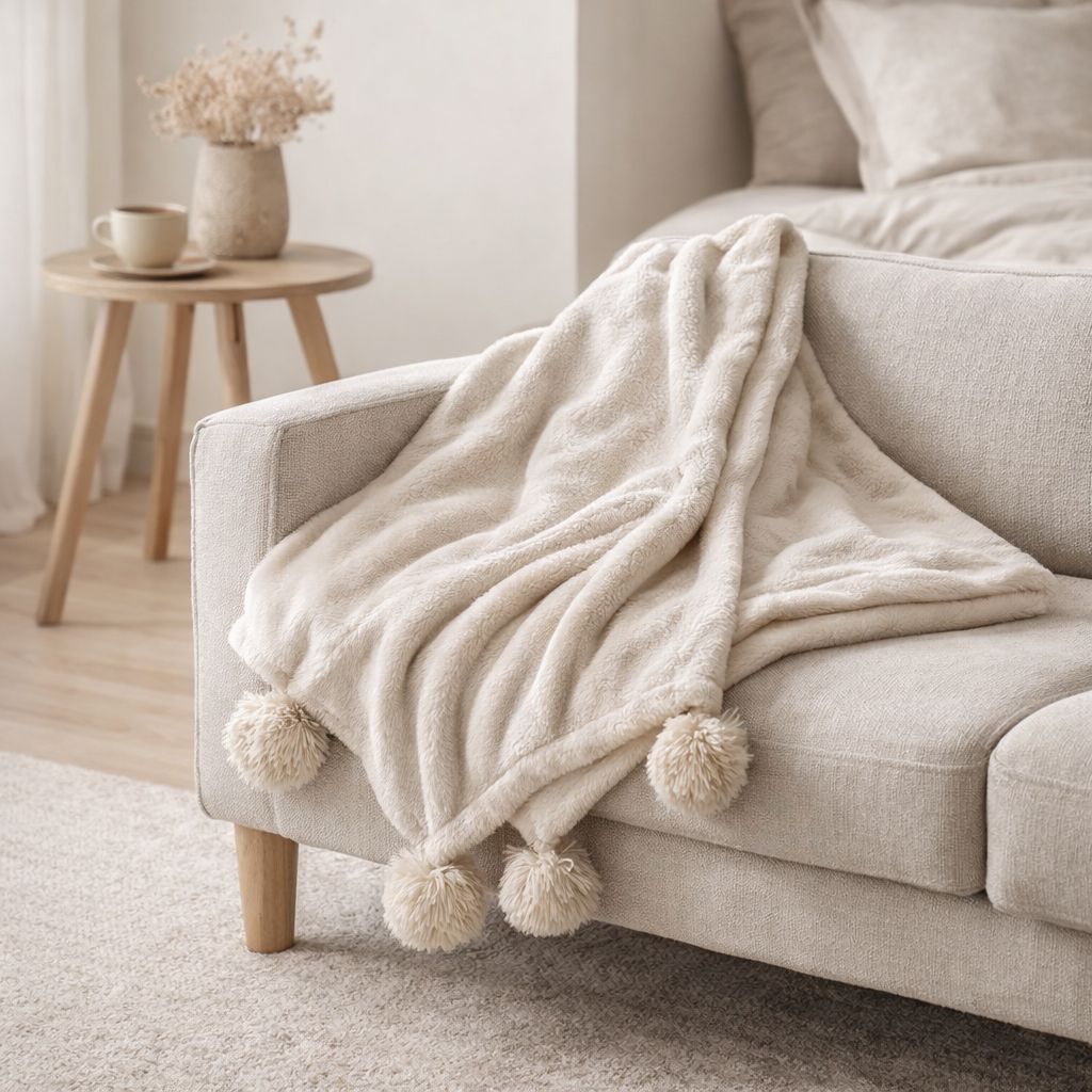 J-Line Plaid Pompon - Polyester - Beige / Menthe - 170 x 130 cm en situation