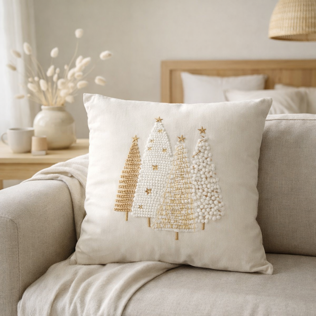 J-Line coussin Arbres de Noël Motif - coton - blanc/or en situation