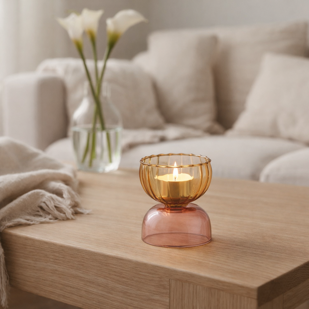 Bougeoir J-Line Half Balls - verre - orange/rose en situation