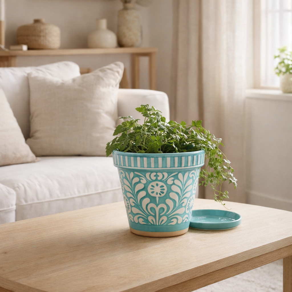 J -line Flowerpot Grenade - Céramique - Aqua - Small - Ø 21 cm en situation