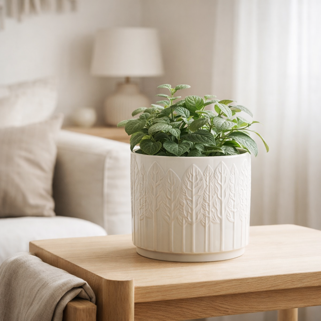 J -line Flowerpot Feuille - Céramique - Blanc - Grand - Ø 17 cm en situation