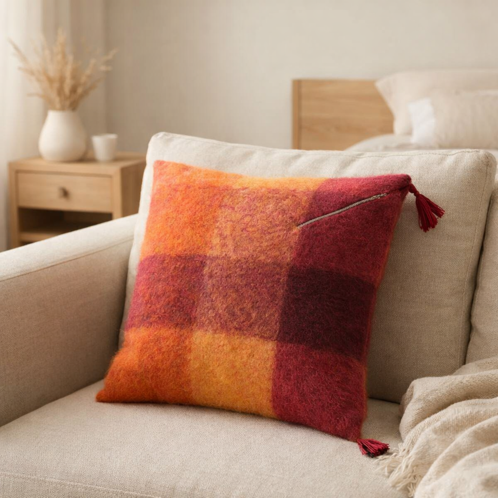 Coussin J-Line carreaux + pompons - textile - orange/bordeaux en situation