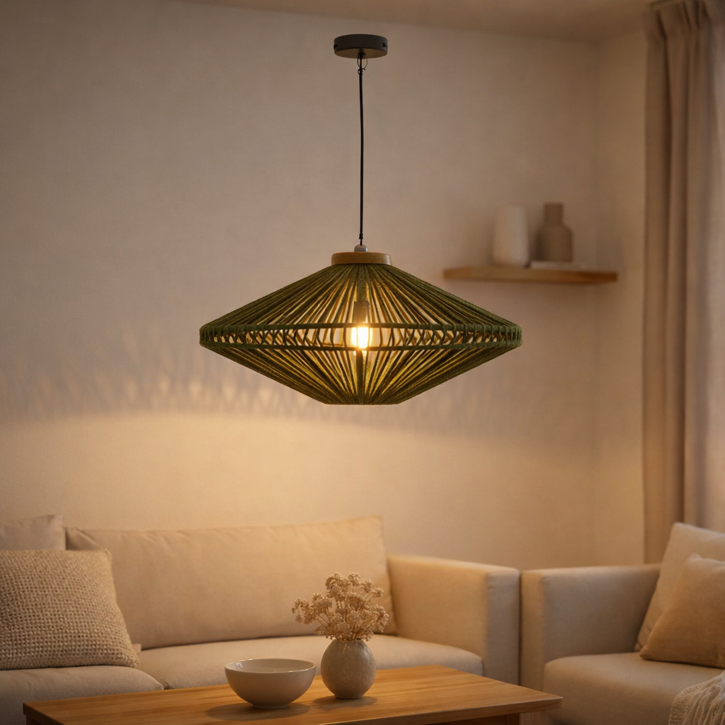 J-Line Lampe à Suspension Ovni Fer/Jute Vert Petit en situation