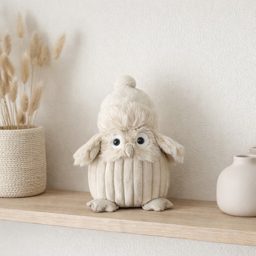 Figurine J-Line Hibou Chapeau - textile - beige en situation
