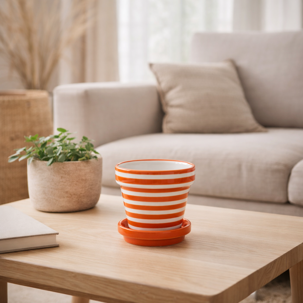 J -Liline Flowerpot Grenade Stripes - Céramique - Orange - XS - Ø 17 cm en situation