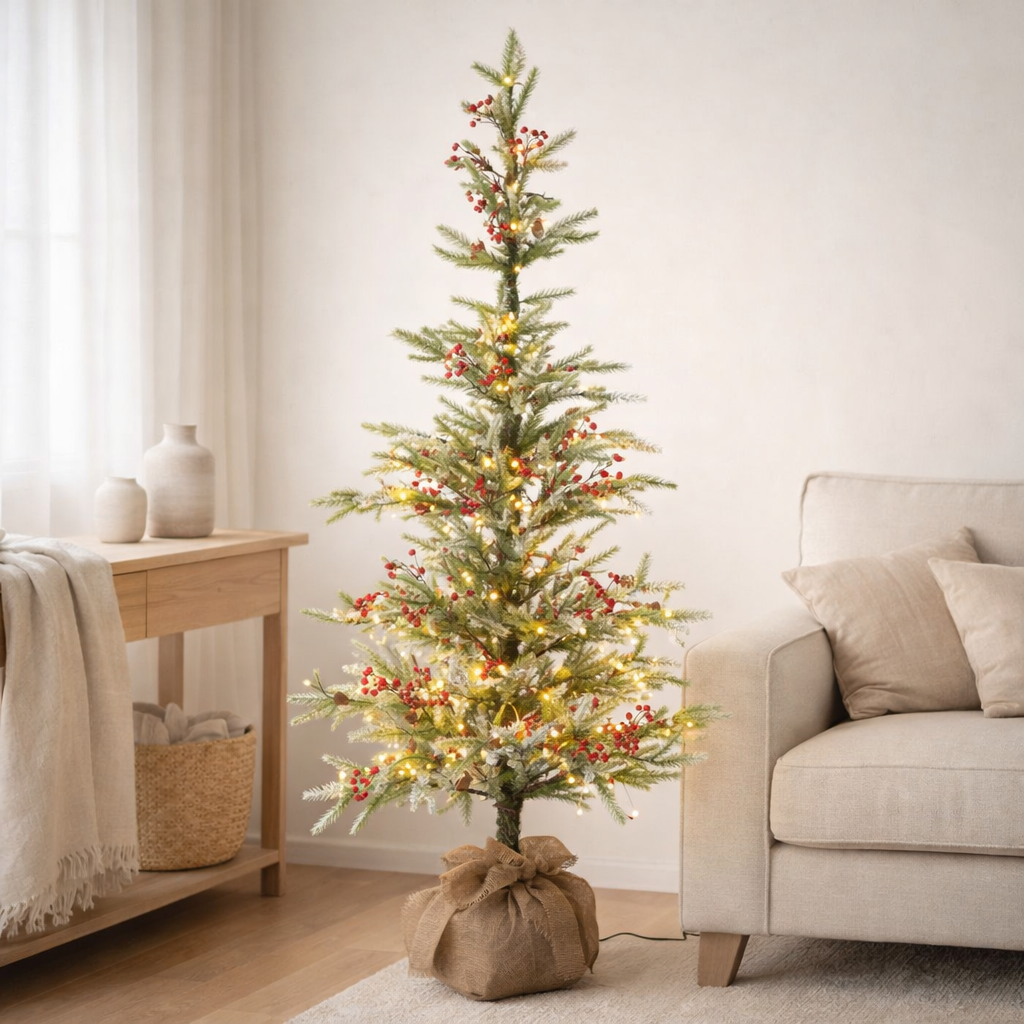 J-Line Sapin de Noël+Sac en Jute+Led Plastique Vert Neige/Rouge Large en situation