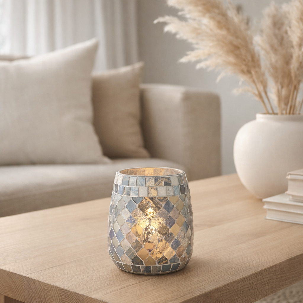Bougeoir J-Line Mosaic - verre - gris bleu en situation
