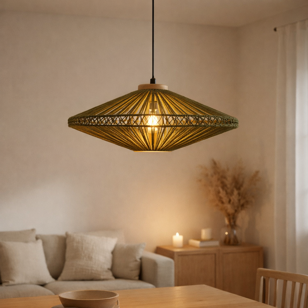 J-Line Lampe à Suspension Ovni Fer/Jute Vert Moyen en situation