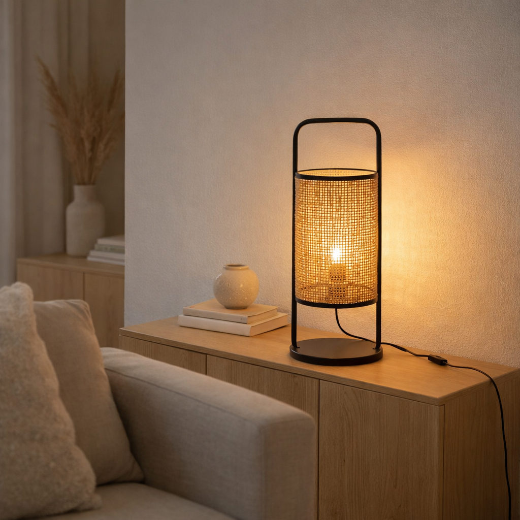 Lampe de table J -line Elton - Metal / Rotin - Black / Naturel - Small en situation