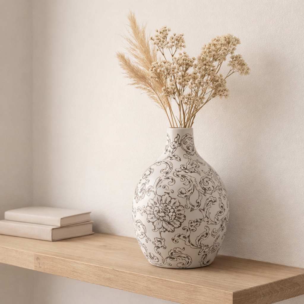 J -line vase zen rond - porcelaine - blanc / noir - 30 cm de haut en situation