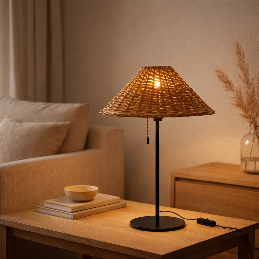 Lampe de table J-Line - métal/rotin - noir/naturel en situation