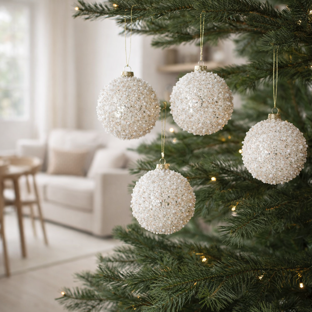 J-Line Boule de Noël Perles + Paillettes - verre - blanc/paillettes - boîte de 4 en situation
