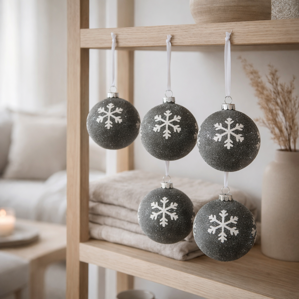 J-Line Boule de Noël Flocon de neige - verre - gris/blanc - S - boîte de 4 en situation
