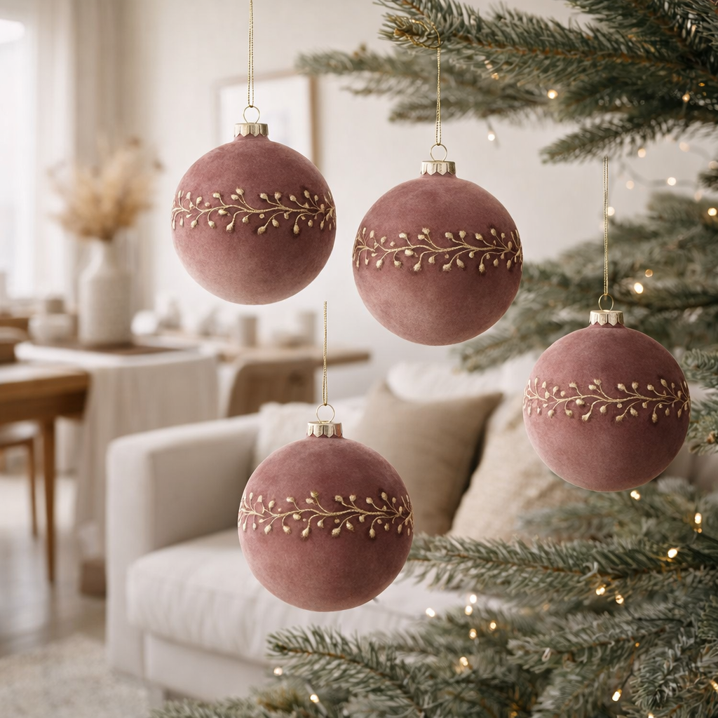 J-Line Boîte de 4 Boules de Noël Motif Velours Rose Clair/Or en situation