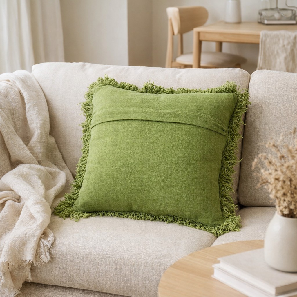 Coussin J-Line Tufté Courbes + Franges - laine - vert en situation