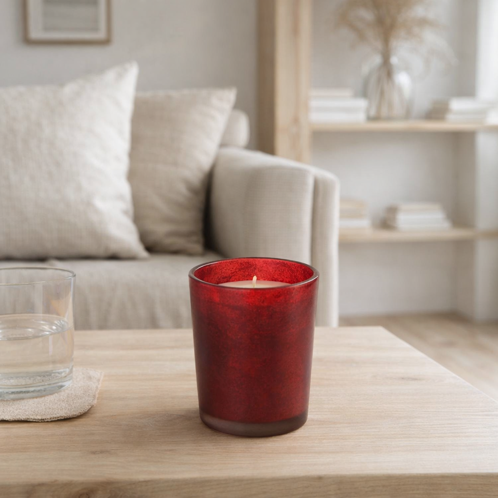 Bougie parfumée J-Line M-Chic - Oud & Amber - verre - rouge - petite - 48H en situation