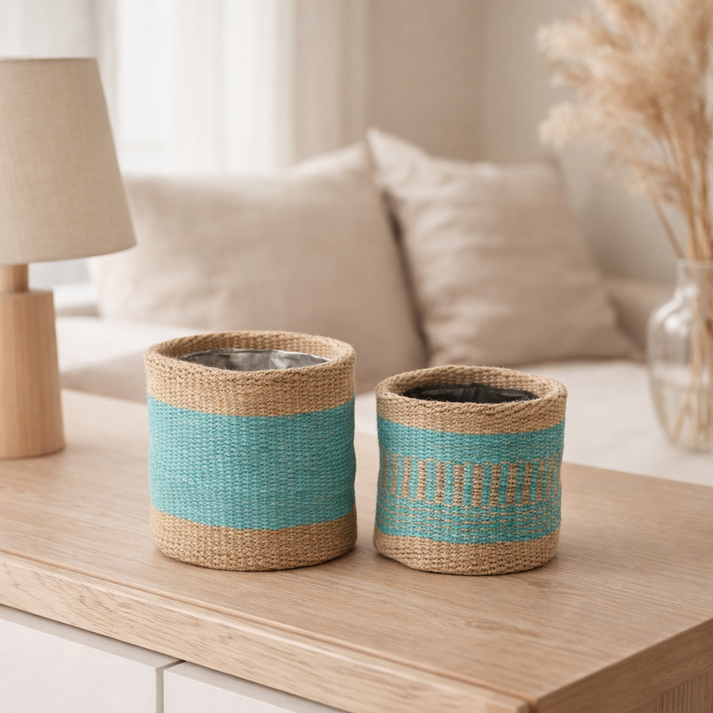 Panier J-Line Rond + Bande - jute - naturel/azur - XS/S - 2 pièces en situation