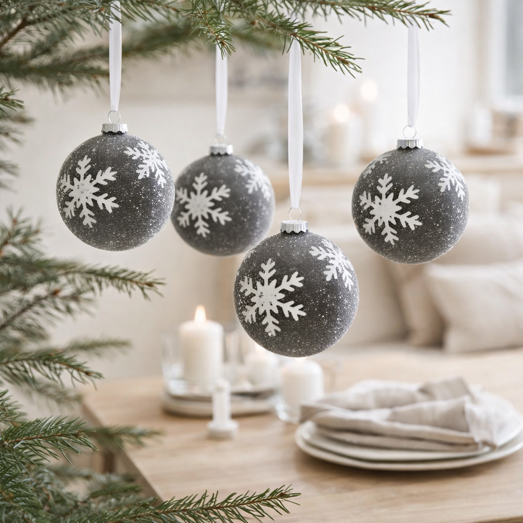 J-Line Boule de Noël Perles + Flocon de neige - verre - gris/blanc - L- boîte de 4 en situation