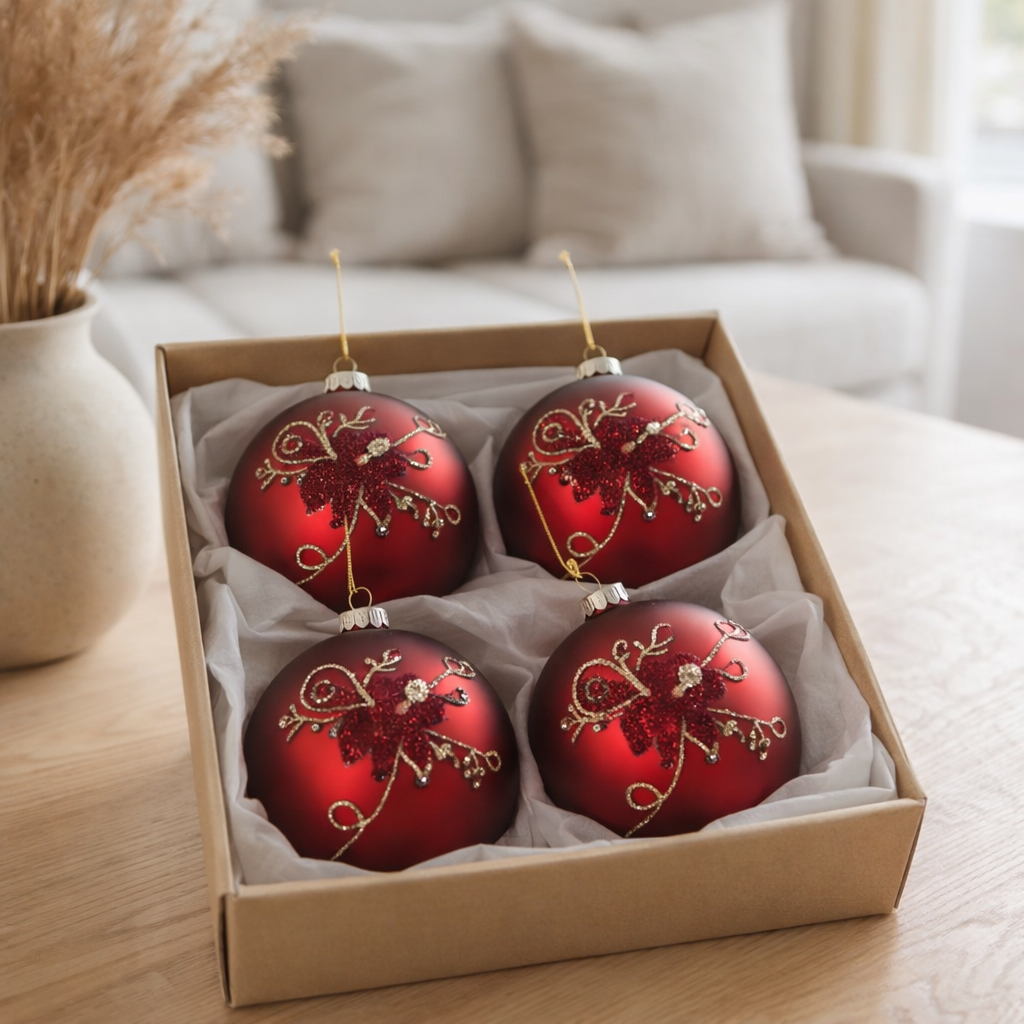 J-Line Boîte De 4 Boules De Noël Fleur Verre Rouge Petit en situation