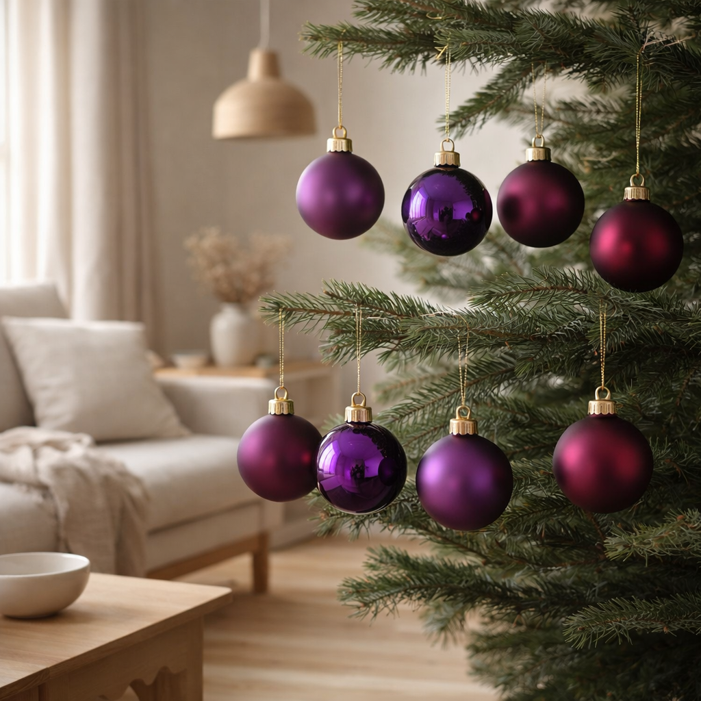 Boule de Noël J-Line - verre - violet mat/brillant - boîte de 8 en situation