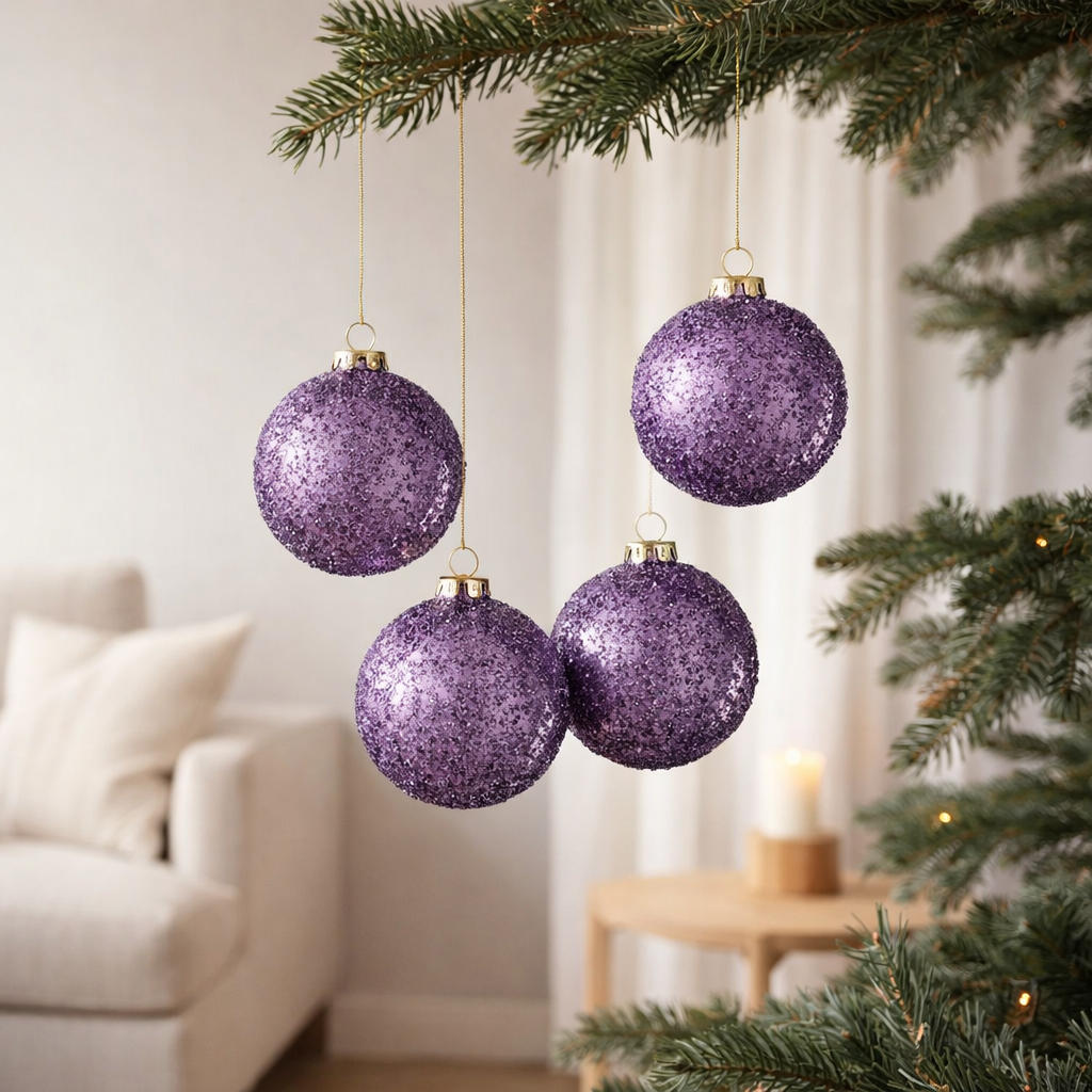 J-Line Boule de Noël Perles - verre - violet - petite - boîte de 4 en situation