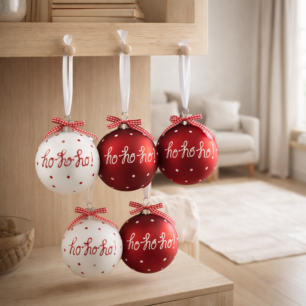 J-Line Boule de Noël Hoho - verre - rouge/blanc - grand - boîte de 4 en situation