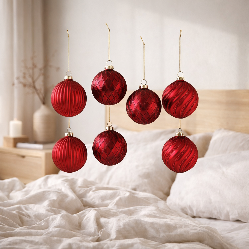 J-Line Boule de Noël Ribbed & Checkered - verre - rouge - petit - boîte de 6 en situation