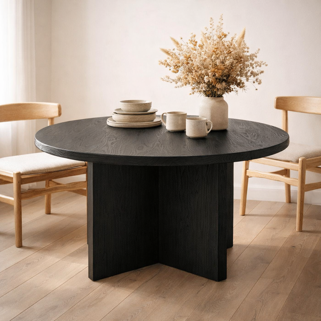 Table J-Line Ronde Teck - bois - noir en situation