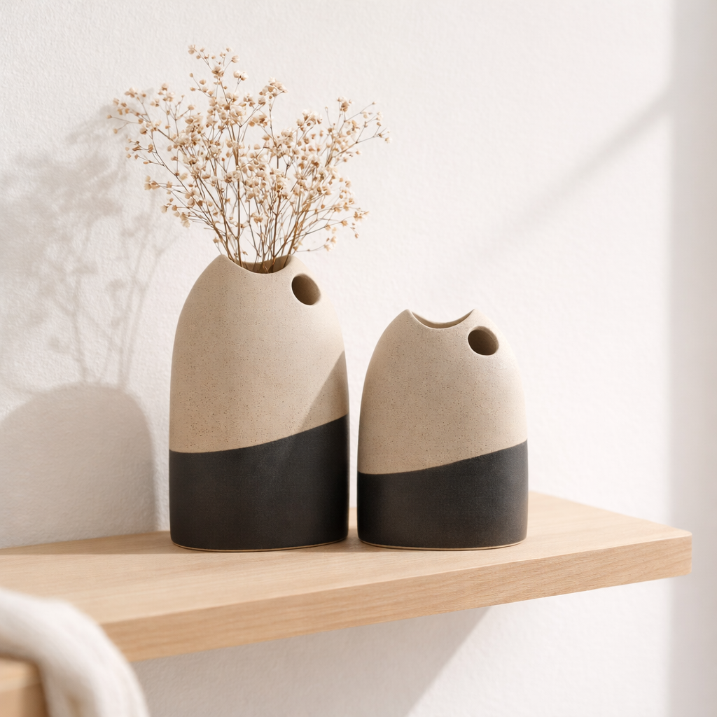 J -line Vase High - Ceramic - Beige / Black - Small - 25,5 cm de haut en situation