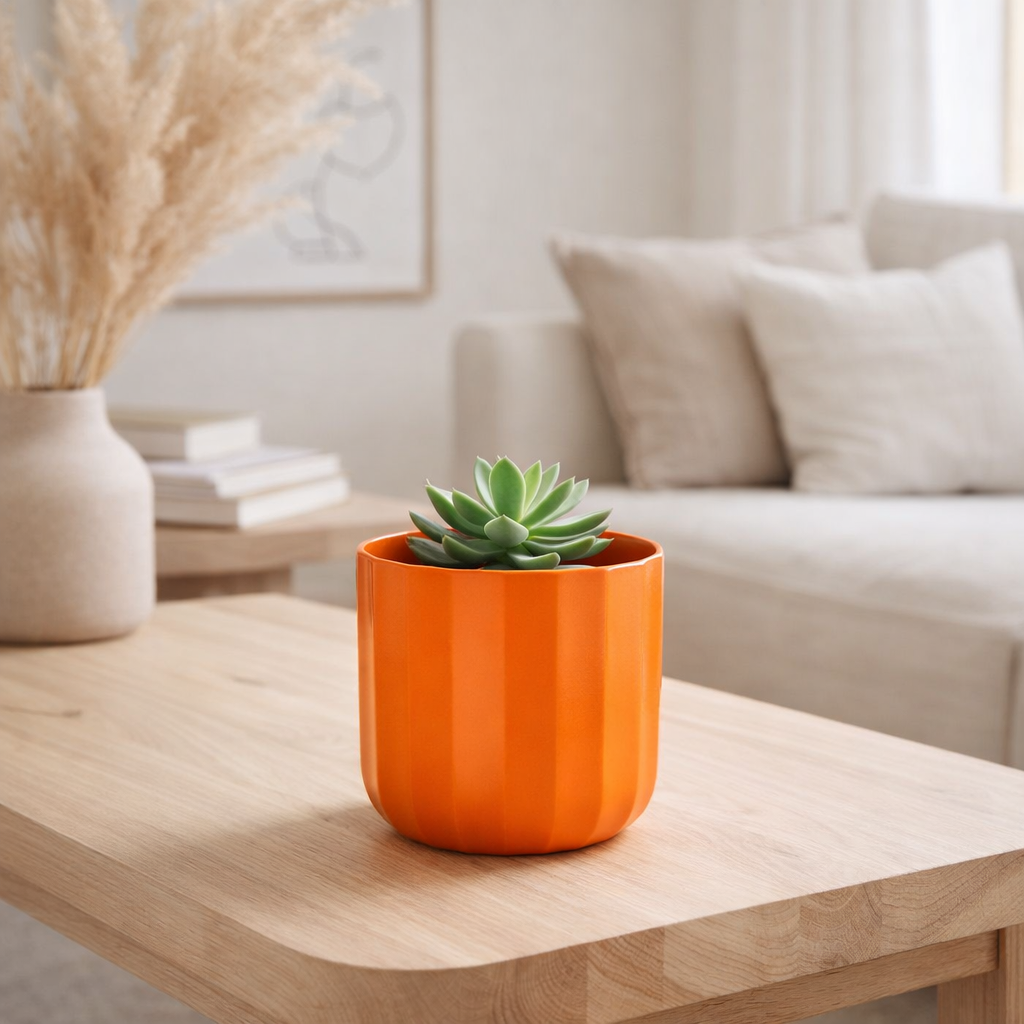 J-Line Pot de Fleurs Été Céramique Orange Petit en situation