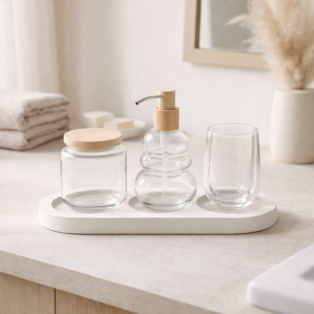 Ensemble de salle de bain J-Line - verre/bois - transparent - 4 pièces en situation