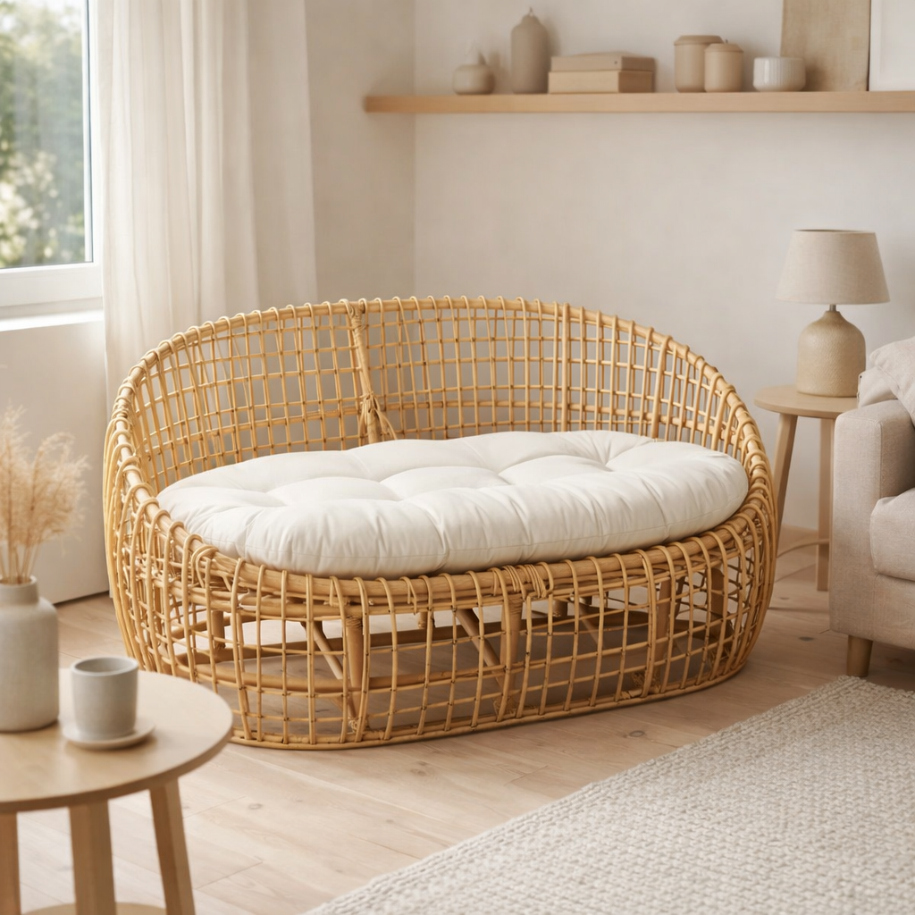 Canapé J-Line Lise + coussin 2 personnes - rotin/textile - naturel/blanc en situation