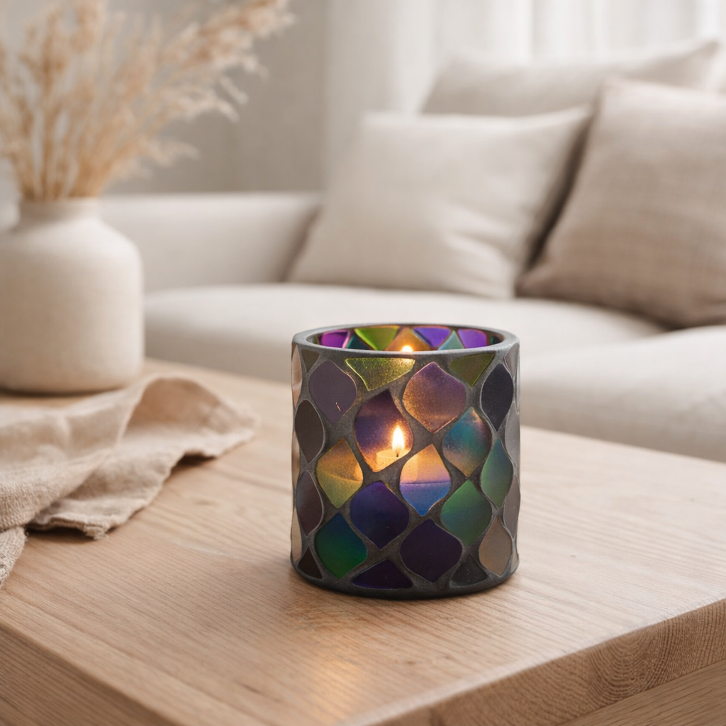 Bougeoir J-Line Mosaic - verre - violet - petit en situation
