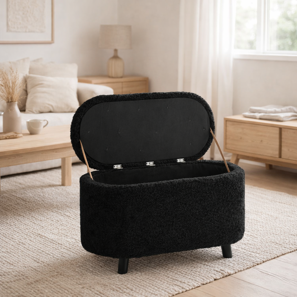 Pouf J-Line Storage Teddy - polyester - noir en situation