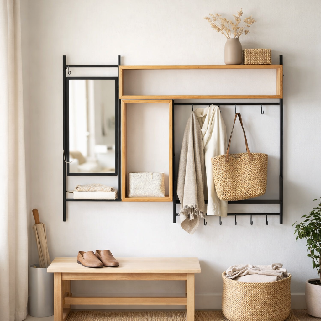 J-Line Porte-Manteau Mural Avec Miroir Tina Bois/Fer Noir/Naturel en situation