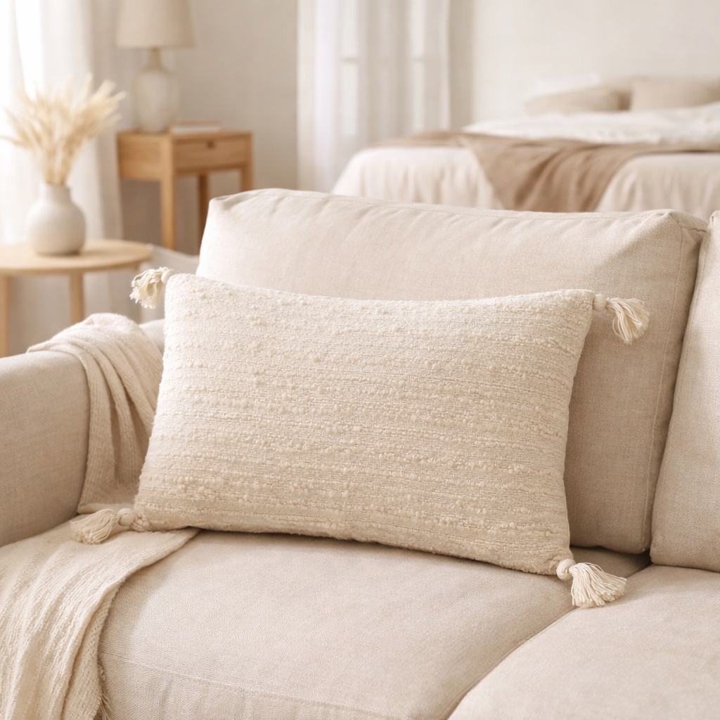 Coussin J-Line Rectangle + Pompons - coton - crème en situation
