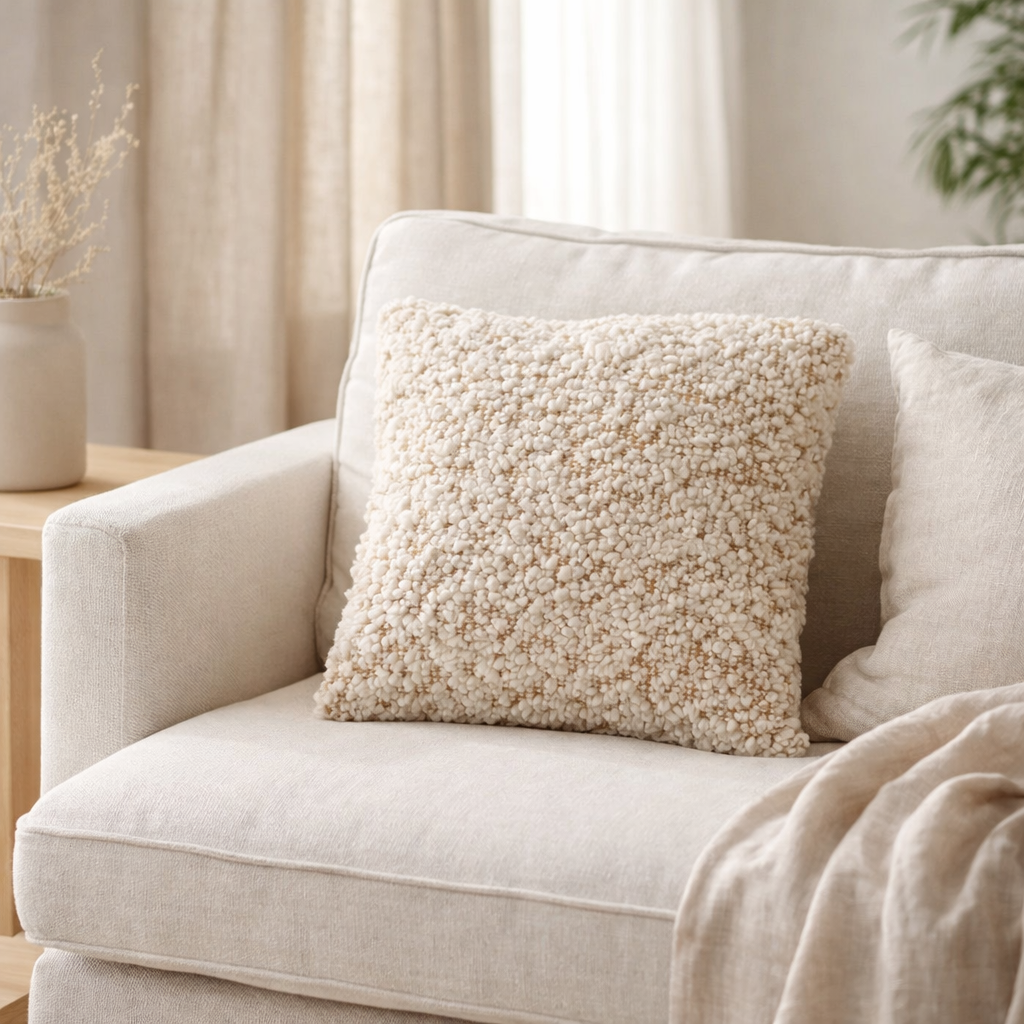 J-Line Coussin Carré Bouclé Coton/Polyester Camel/Crème en situation