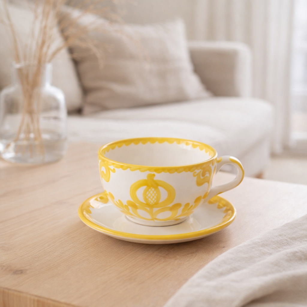 J -line Cup + Saucer Grenade - Céramique - Blanc / Jaune en situation
