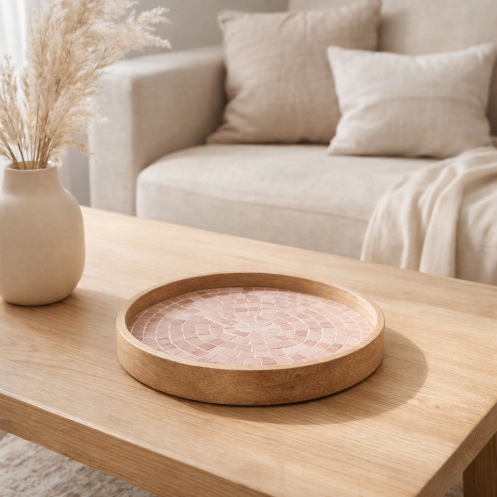 J-line plateau Hart Mosaic Mango Wood Pink en situation