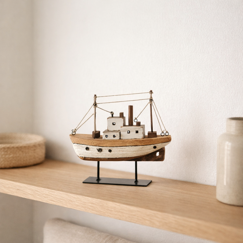 J-Line Decoration Boat à pied - Bois - Natural / White - Small en situation