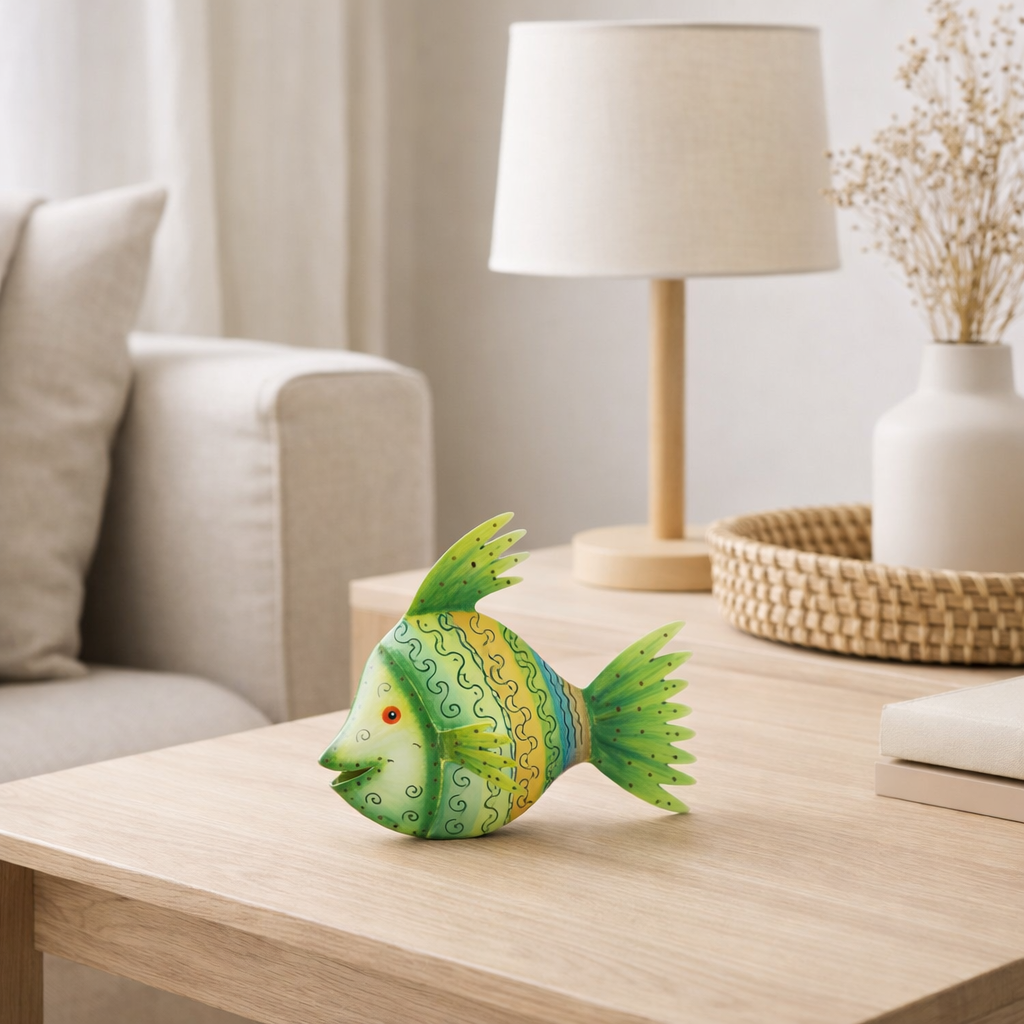 J-line décoration poisson - fer - azure / vert - petit en situation