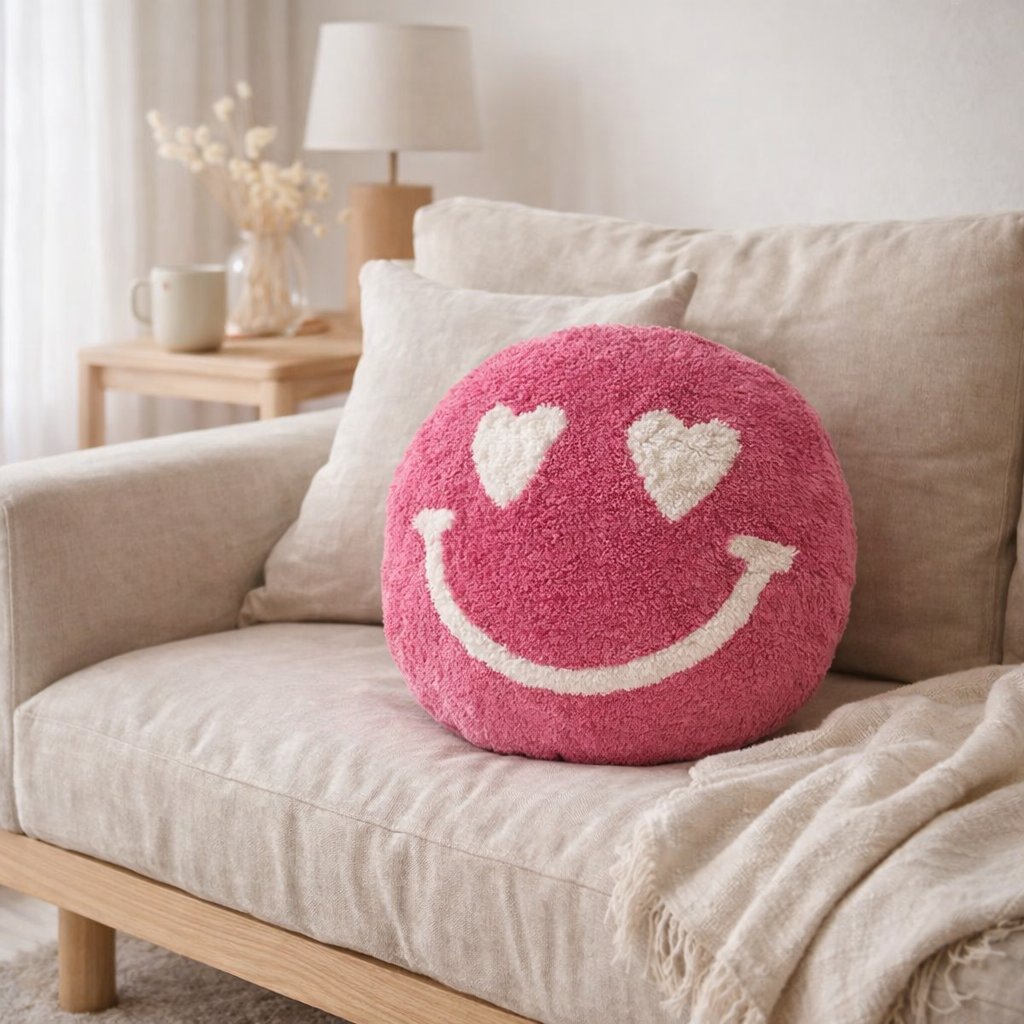 J-Line Coussin Smiley Tufté Coton Rose/Blanc en situation