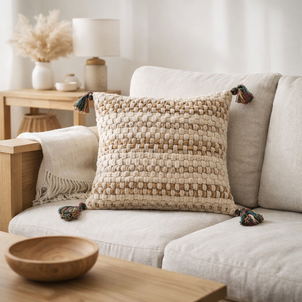J-Line Coussin Carré Tressé Chindi+Glands Coton Crème/Marron en situation