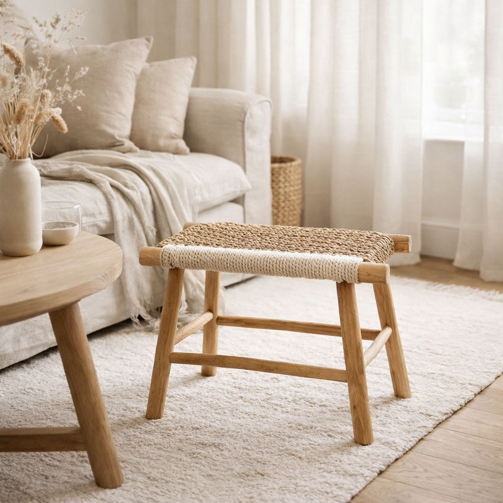 J -line Poef Waverly - Bois / herbe maritime - Natural / White en situation